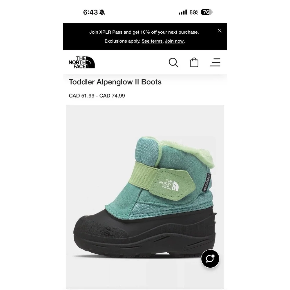 North Face Toddler Alpenglow II Waterproof Snow Boot Pull-On Size 4